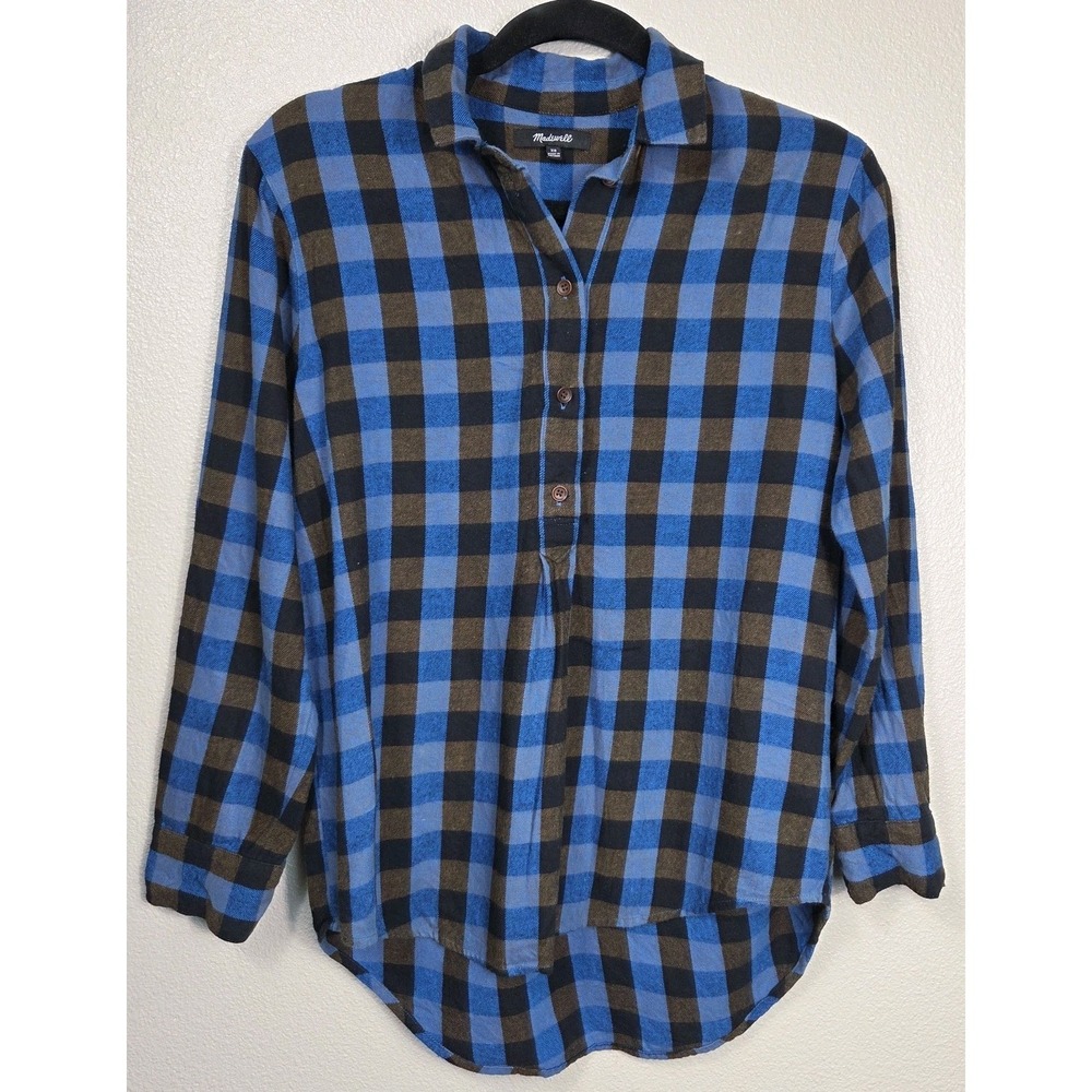 Madewell Blue Brown Plaid Flannel Popover Shirt XS Cotton‎ Lightweight